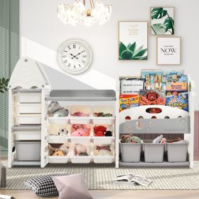 Kids Bookshelf Toy Storage Organizer with 17 Bins and 5 Bookshelves, Multi-functional Nursery Organizer Kids Furniture Set Toy Storage Cabinet Unit wi