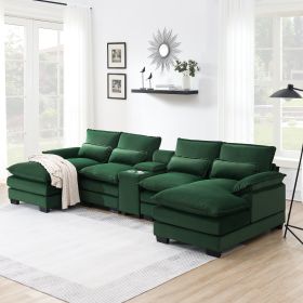 [VIDEO provided][New]123*55" Modern U-shaped Sofa with Console,Cupholders and USB Ports,6-seat Upholstered Symmetrical Indoor Furniture