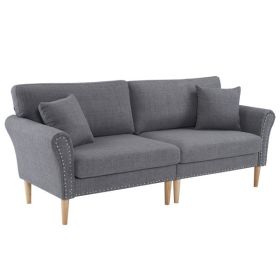 214*83*86cm American Style With Copper Nails, Burlap, Solid Wood Legs, Indoor Double Sofa, Dark Gray