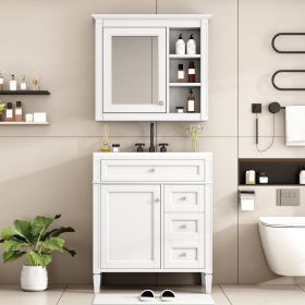 30'' Bathroom Vanity with Top Sink, Modern Bathroom Storage Cabinet with 2 Drawers and a Tip-out Drawer, Freestanding Vanity Set with Mirror Cabinet,