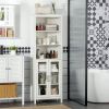 kleankin Tall Bathroom Storage Cabinet with 3 Tier Shelf, Glass Door Cabinet, Freestanding Linen Tower with Adjustable Shelves, Antique White